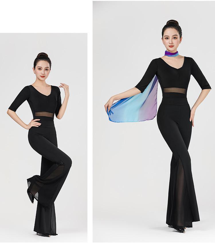 Women's V-Neck Short Sleeve Dance Outfit with Black Flared Pants