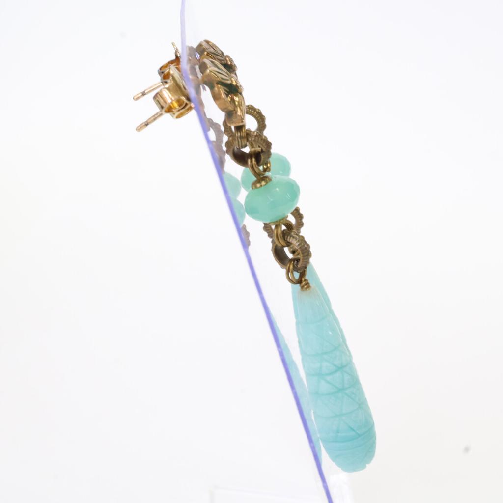 STEPHEN DWECK Flower Carving Color Stone Drop Earring Gold/BlueUsed