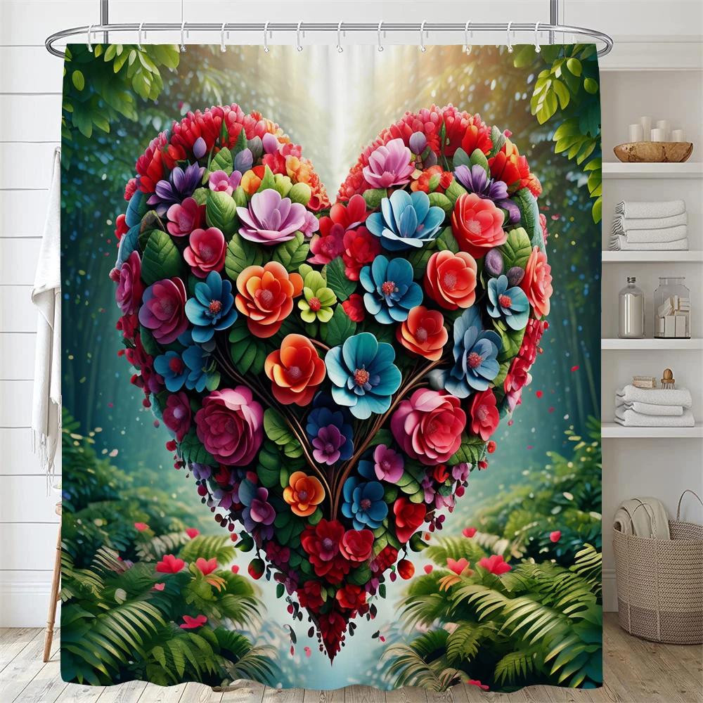 

Beautiful Heart-Shaped Flower Shower Curtain Loving Floral Shower Curtain Flowers And Plants Bathroom Curtains Home Decoratoin W60H190(CM)-1 Pcs