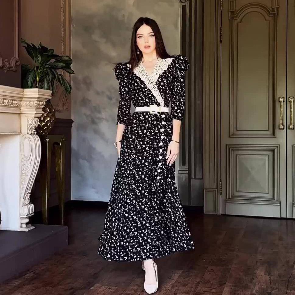 2024 Autumn Women's Korean Style Polka Dot Color Block Elegant Long Dress