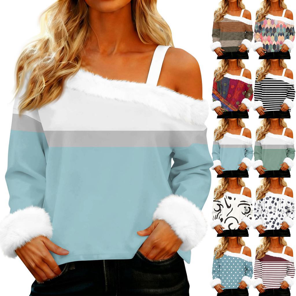 Women's Off-the-shoulder Plush Neck Printed Long-sleeved Pullover T-shirt Top
