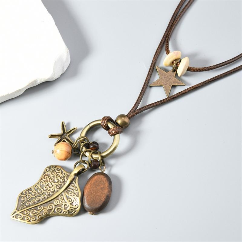 Artisanal Crafted Beaded Leaf Necklace Soft Wax Cord Multi Material Layering Design Versatile Jewelry Gift