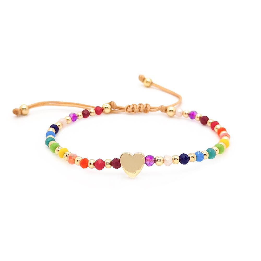 18K Gold Plated Heart Charm Rainbow Crystal Beaded Hand Rope Bracelet Simple European American Style Girls
