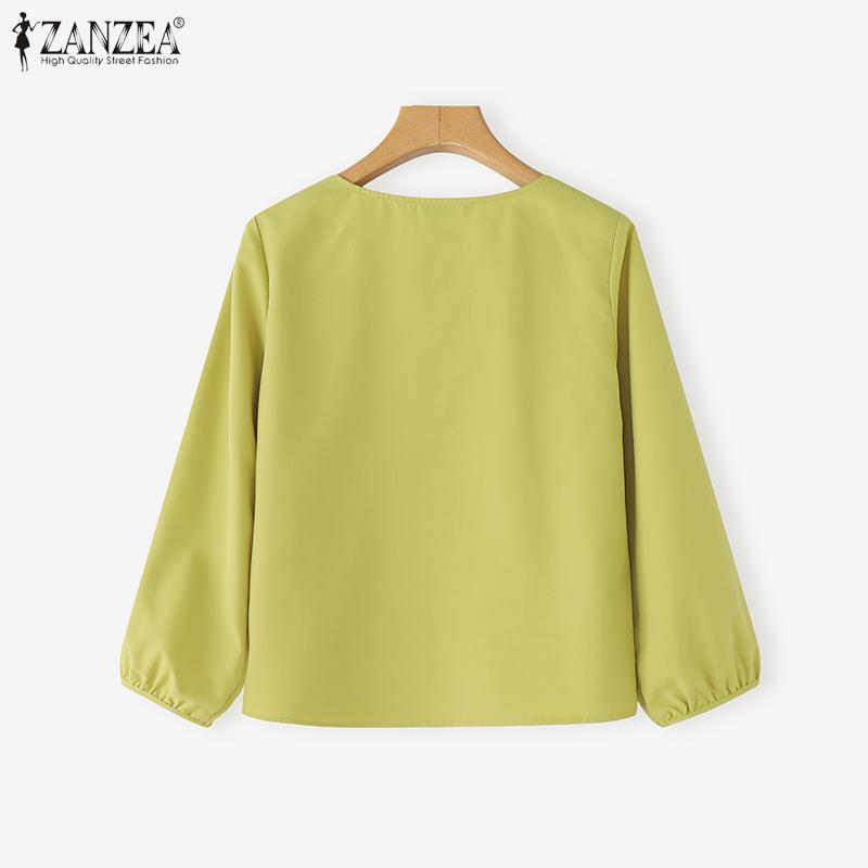 ZANZEA Women Casual Round Neck 3/4 Sleeve Loose Plain Blouse