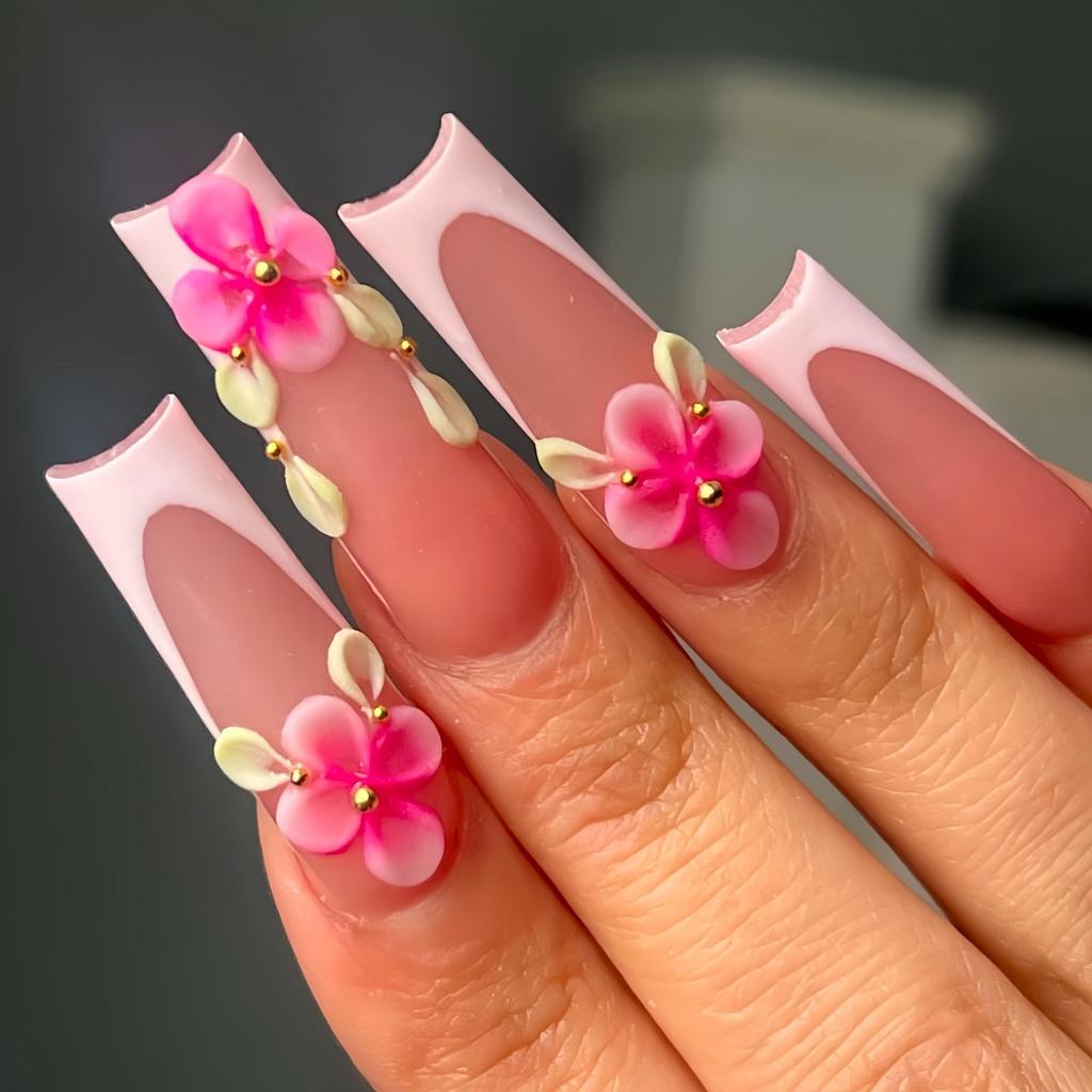 24Pcs Long Square Press On Nails Leopard Print French 3D Cherry Design False Nail Rhinestone Wearable Full Cover Fake Nails Tips