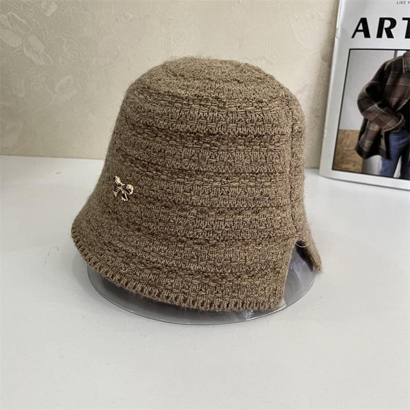 

Autumn and winter gentle and fresh knitted metal standard basin hat rear opening versatile simple bucket hat women M（56-58cm） темно-коричневого кольору