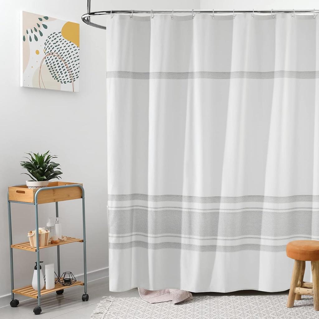 Seasonwood Shower Curtain White Gray Woven Striped 72 x 72Inches,Farmhouse Shabby Chic Striped Minimalist Bathroom Decor