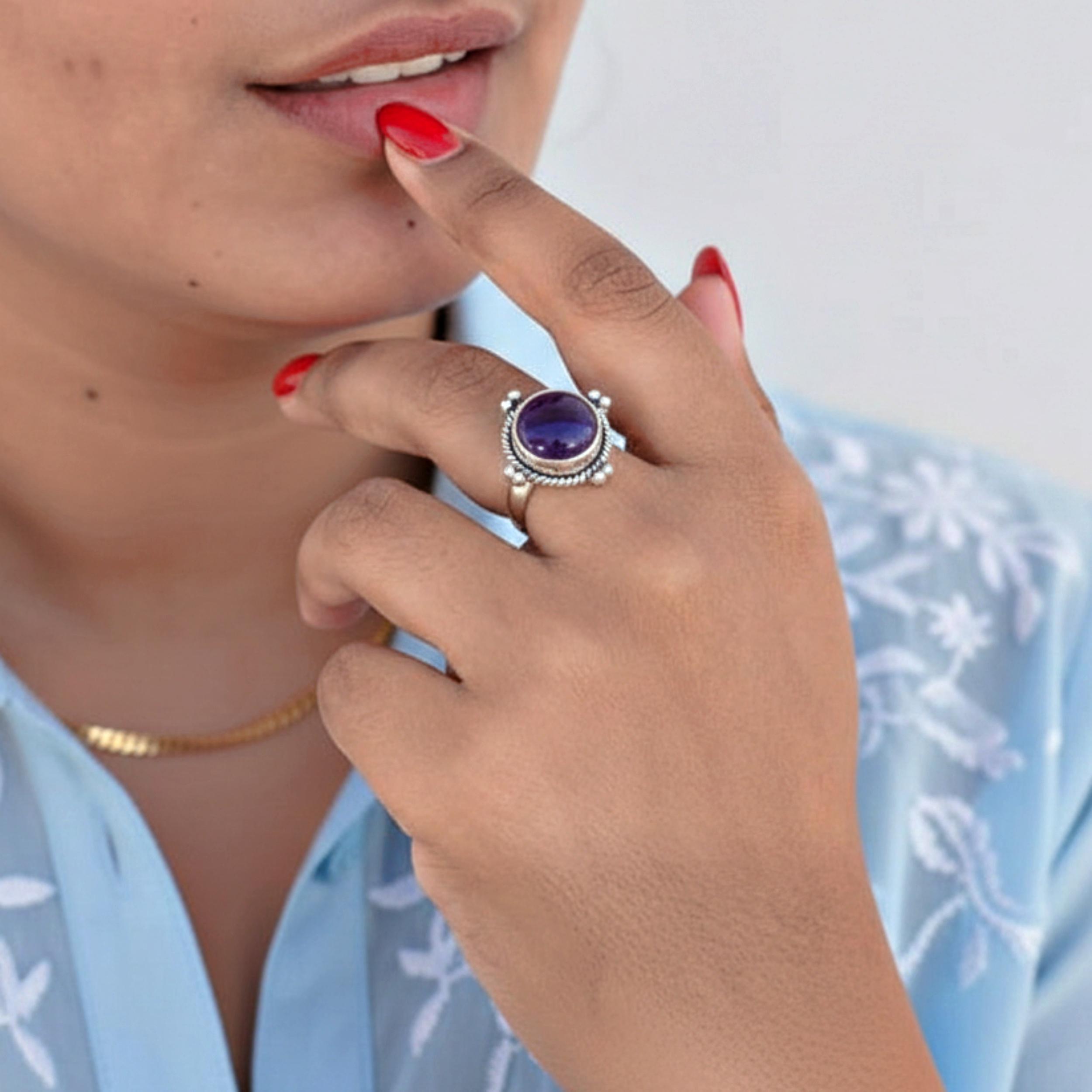 Круглая аметистовая акцентная серебряная кольцо, кольцо из стерлингового серебра 925 пробы, ручная работа, минималистичные богемные украшения для женщин 4