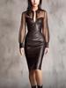 Europäisches 2026 Netz- & PU-Leder Bodycon V-Ausschnitt Nachtclubkleid