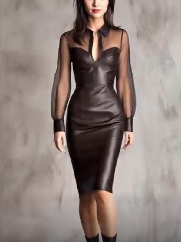Europäisches 2026 Netz- & PU-Leder Bodycon V-Ausschnitt Nachtclubkleid