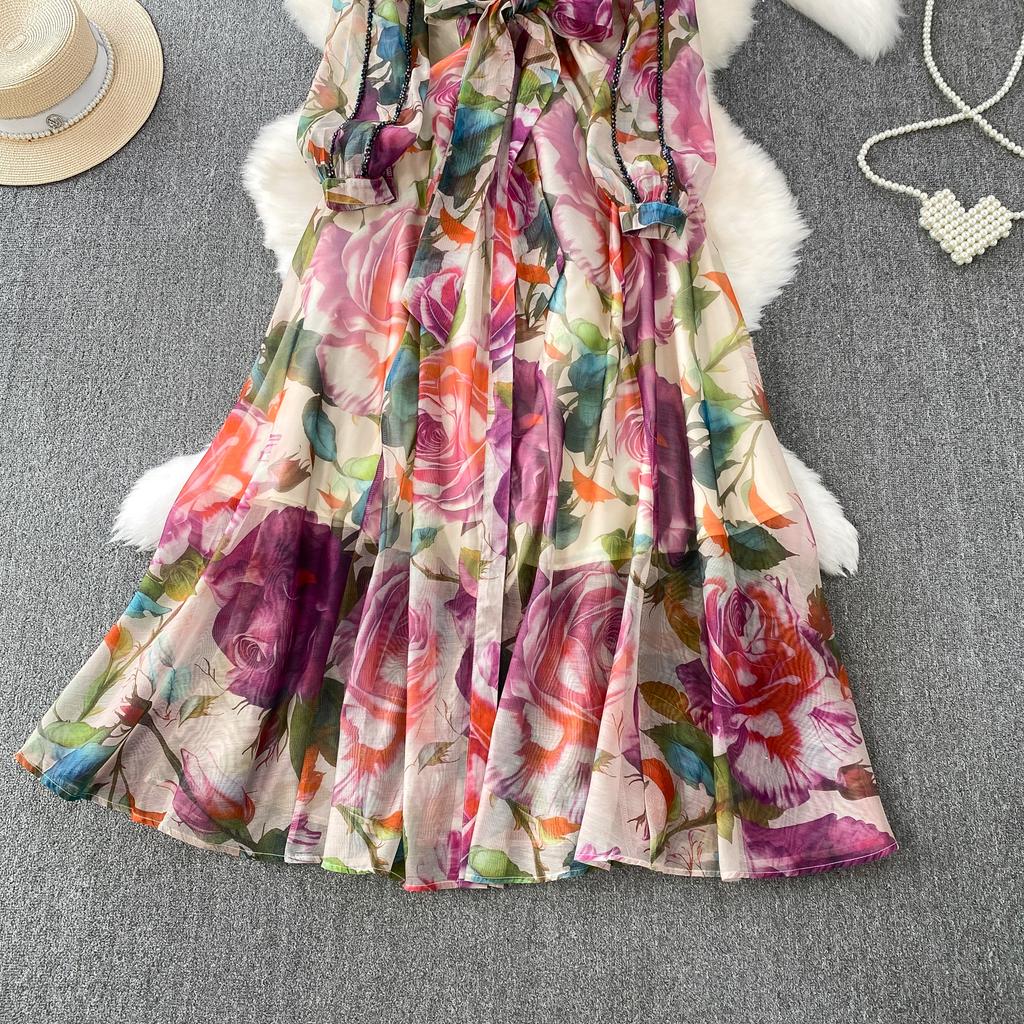 Diamond Embedded Gemstone Collared Long Dr Women's Slimming Beautiful Holiday Print Full Dresses  A-Line Woman Dress