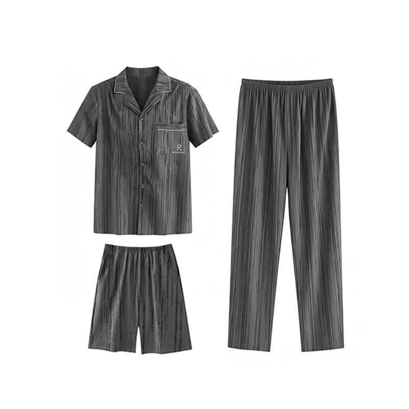Men's Summer Short Sleeve & Long Pants 3-Piece Plus Size Set - Lightweight Cool Home Wear