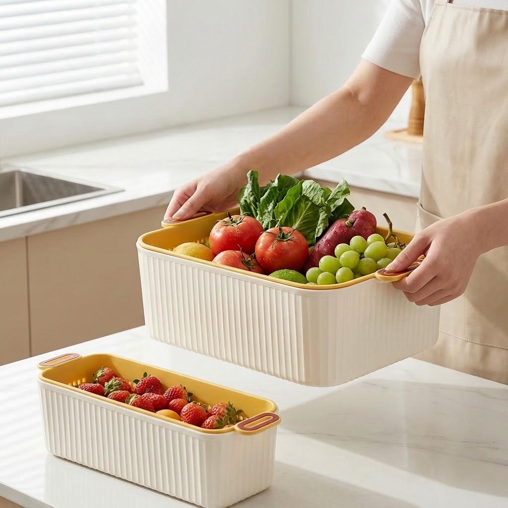 1/2/4Pcs Fruit Vegetable Drain Storage Basket Plastic Double-Layer Storage Box With Handle Multifunctional Kitchen Organizer