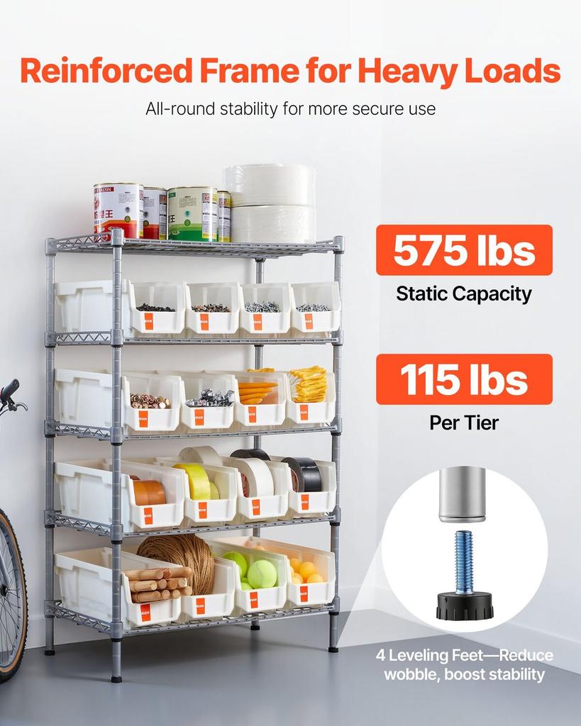 5-Tier Rolling Bin Storage Rack, 16 Organizer Bins, Bin Rack Storage Steel Wire Shelving System with Wheels, Mobile Tool Organizer for Garage,
