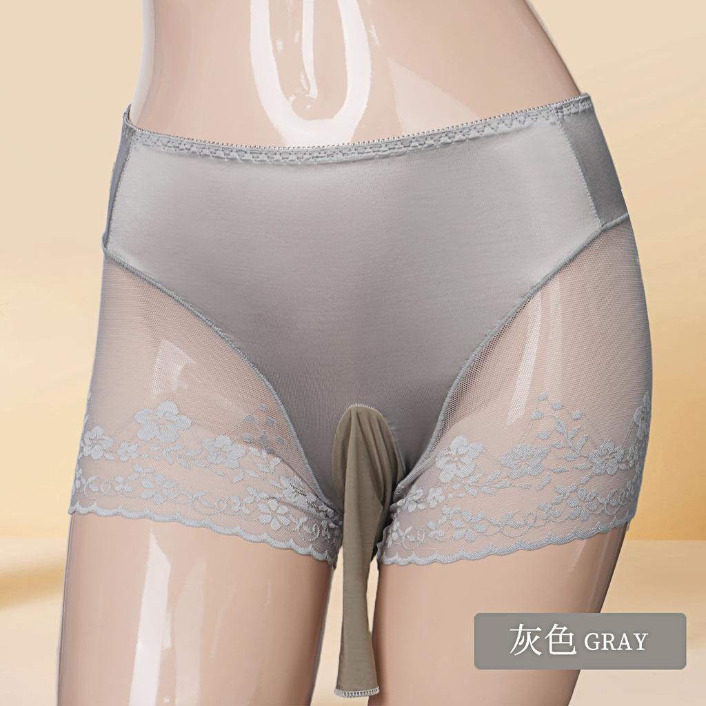 Sexy Satin Shiny Mesh Patchwork Panties Lace Boxer Exotic Crotch Style Underwear Sheer See Through Unisex Underpants
