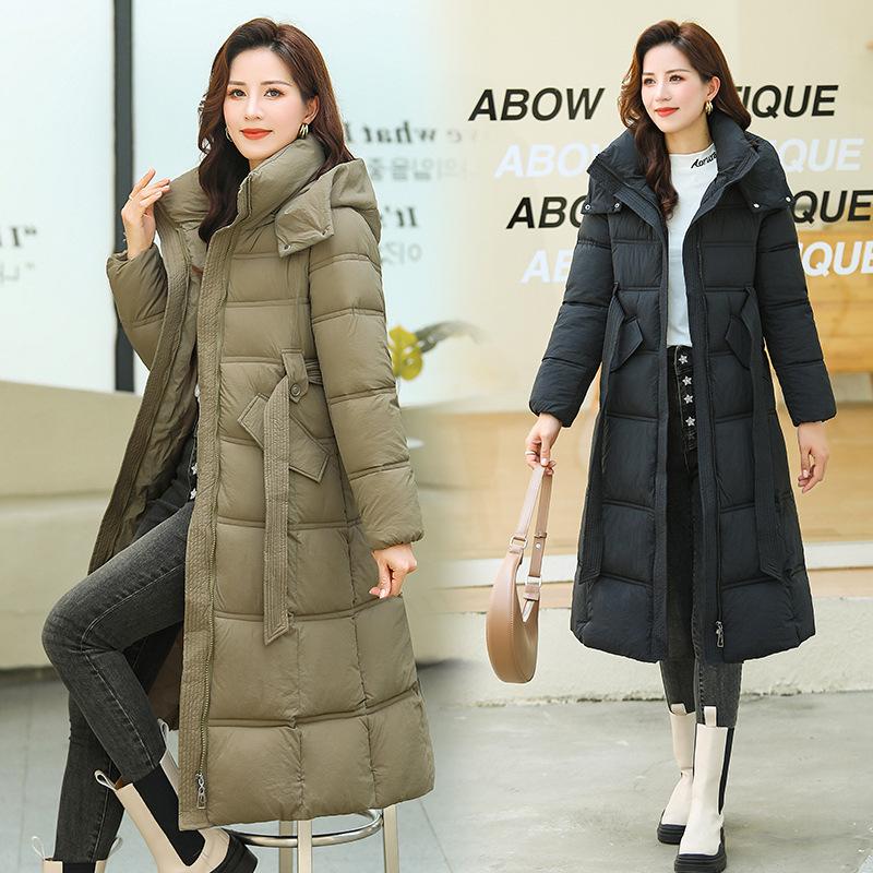 Thickened long over-knee down cotton-padded jacket, winter new waist and thin cotton-padded jacket