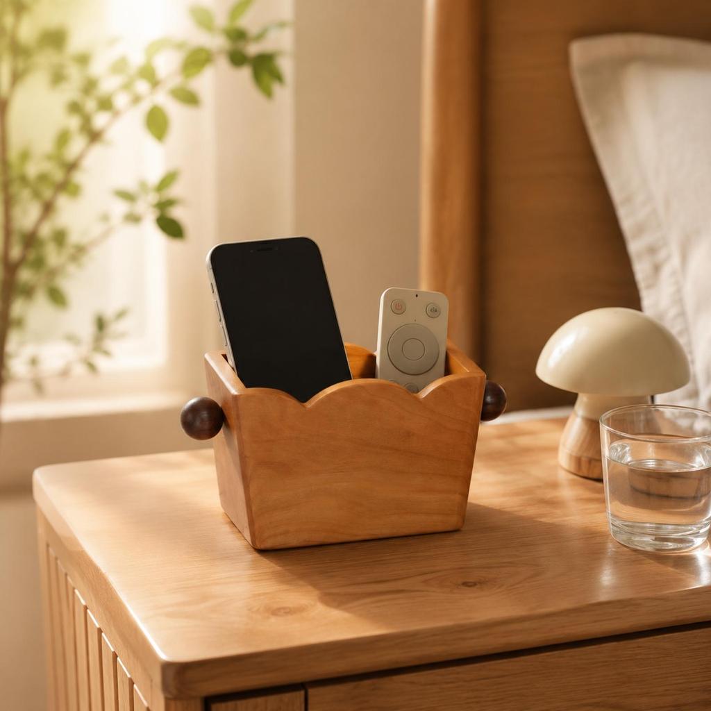 Solid Wood Desktop Organizer with Two Compartments OpenTop Wooden Desk Holder Side Knobs