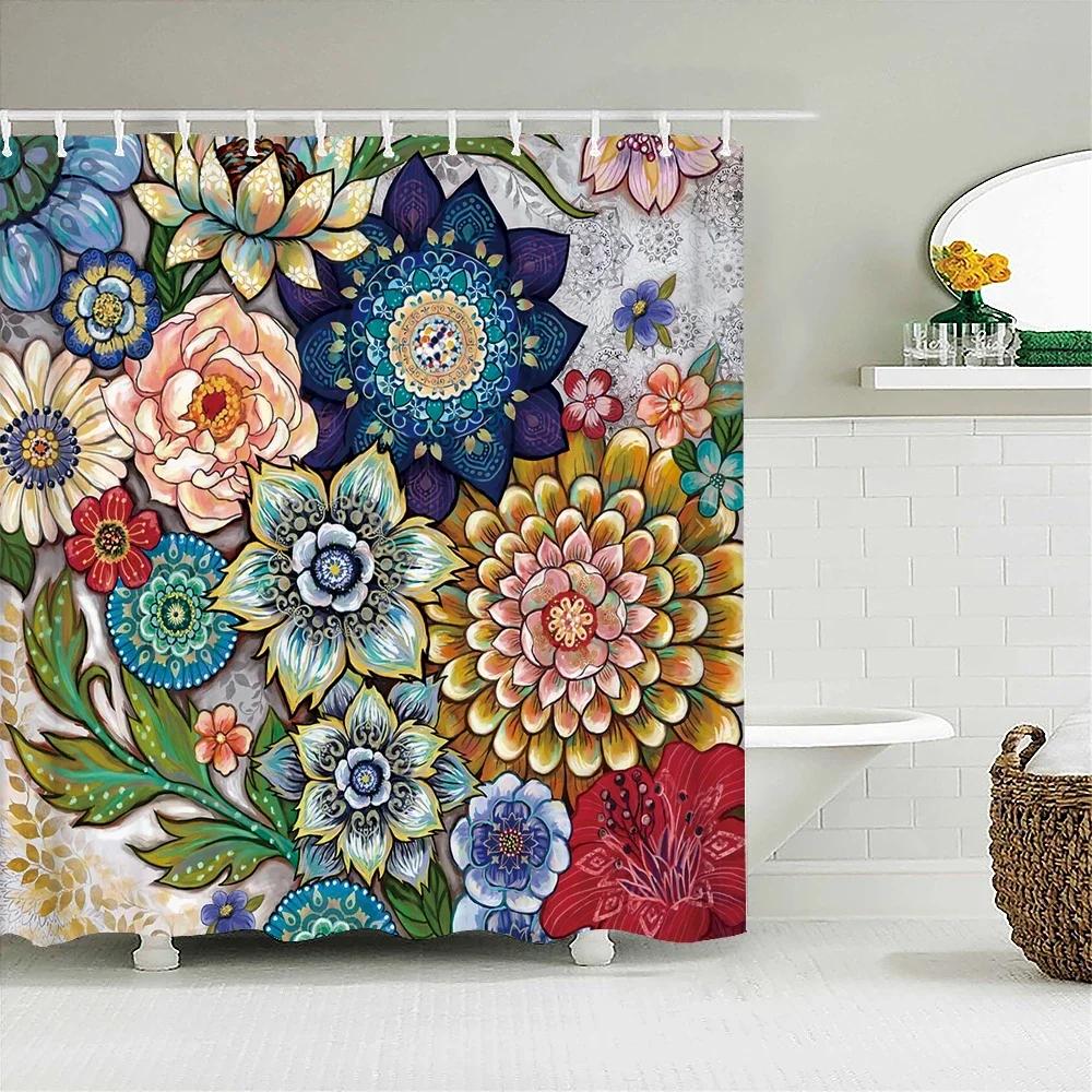 3D Flower India Bohemian Print Nordic Style Shower Curtain Set With Hooks Natural Landscape Home Decoration Bathroom Curtains
