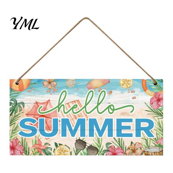 Beach House Wall Sign Summer Wooden Hanging Sign, Theme Welcome Front Door Decor with Themed Gifts Rope, Colorful Hanger for Seasonal Farmhouse Floral