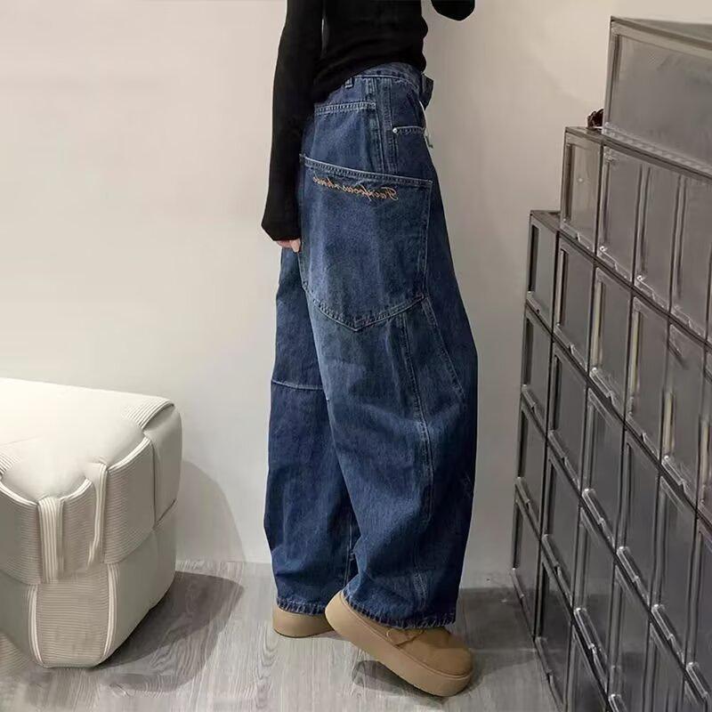 High-Waisted Retro Embroidered Wide-Leg Jeans for Spring and Autumn 2XL