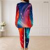 Women Plus Size Two Piece Pants Set Half Zip Long Sleeve Blue Star Printed Longline Top Fitted Pants