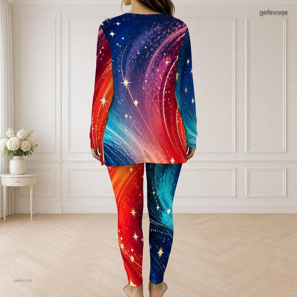 Women Plus Size Two Piece Pants Set Half Zip Long Sleeve Blue Star Printed Longline Top Fitted Pants
