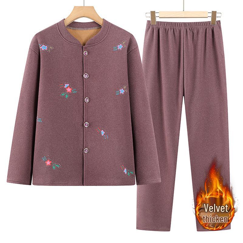 Women's Plus Velvet Warm Pajama Cardigan Set for Fall/Winter – Two-Piece Homewear for Grandma/Mom