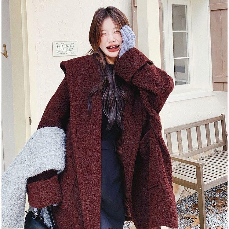 Red Thick Hooded Wool Coat Women Winter Fashion Cape Cloak Jacket Warm Outerwear