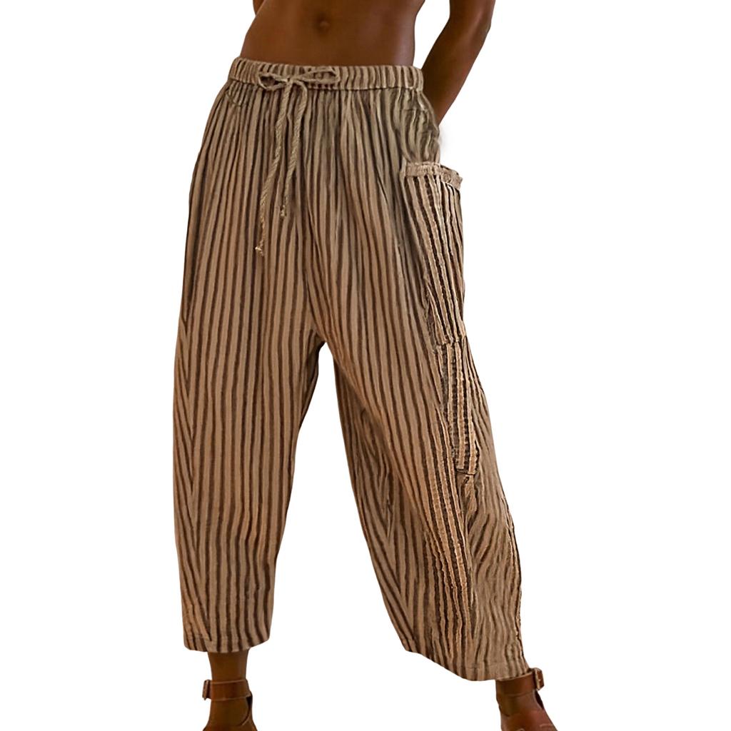 Women's Fashion Striped Straight,Leg Elasticated Waist Cropped Pleated Casual Trousers