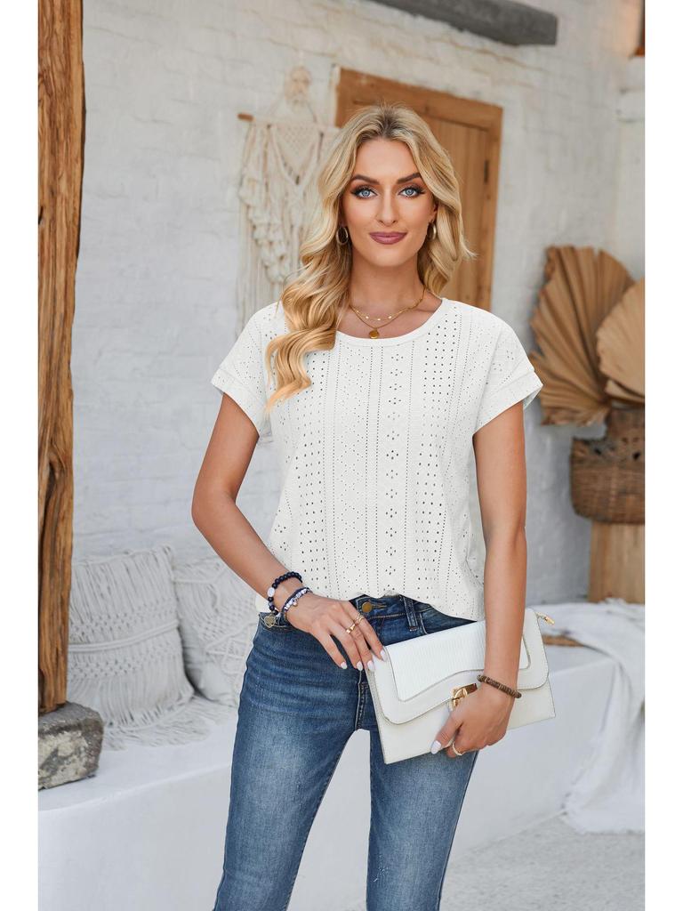 Spring & Summer Women's Loose Round Neck Eyelet Lace T-shirt