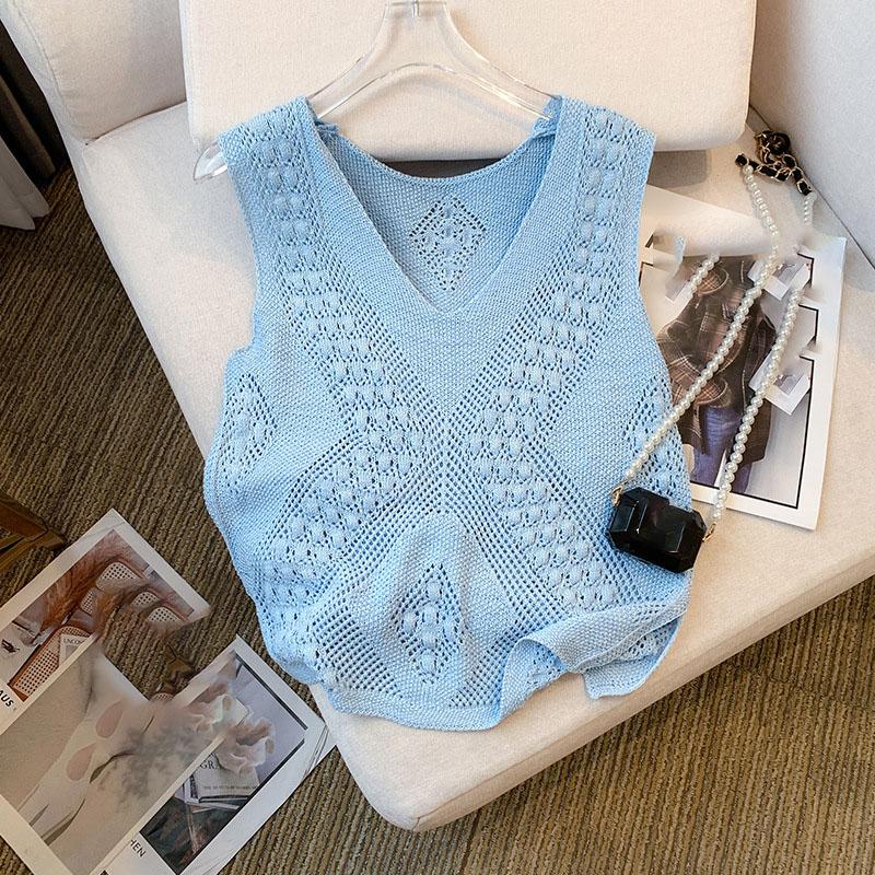 Solid Color V Neck Tank Top Casual Sleeveless Cut Out Knitted Tank Top For Every Day, Women's Clothing