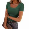 Women's U Neck Long Sleeve Tee Slim Fit Casual Ribbed Knit Solid Color Spring Basic Top