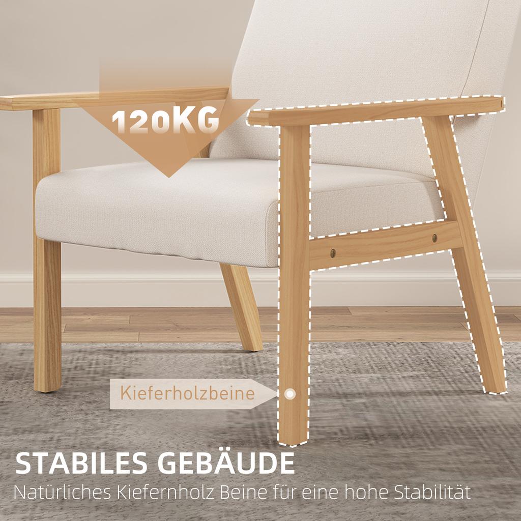 Upholstered Armchair with Armrests, Dining Chair In Linen Look, Solid Wood Frame, 64 X 70 X 72 Cm, Cream