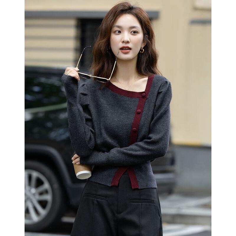 Demana Women's Autumn Elegant Colorblock Knit Top with Puff Sleeves