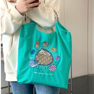 Grand Sac Pliable en Toile Brodée pour Dames – Écologique, Sac Bandoulière & Épaule Portable