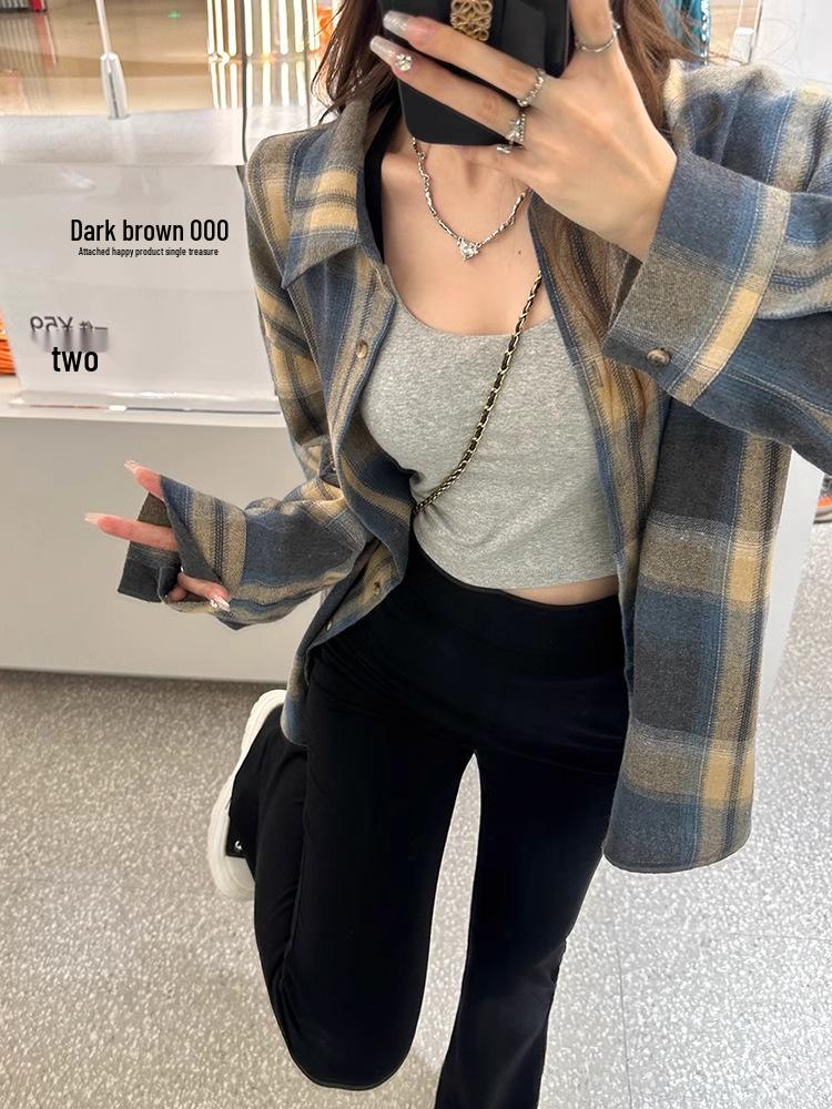 American Retro Plaid Long Sleeve Shirt Jacket for Women - Small Size, Spring/Autumn 2024