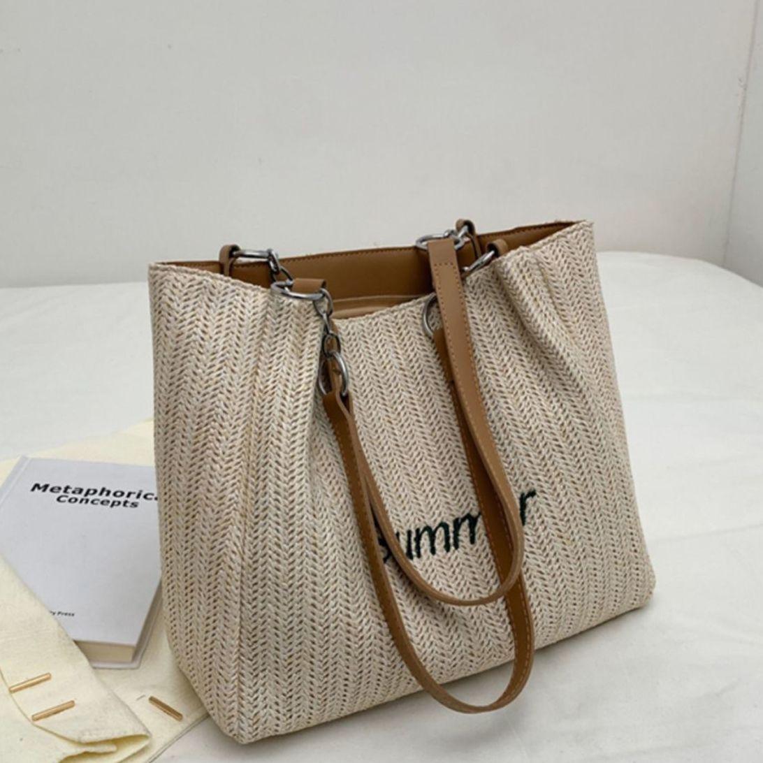 

Женская соломенная плетеная сумка, женская однотонная сумка с буквенным принтом на одно плечо, большая вместительная сумка-тоут хаки