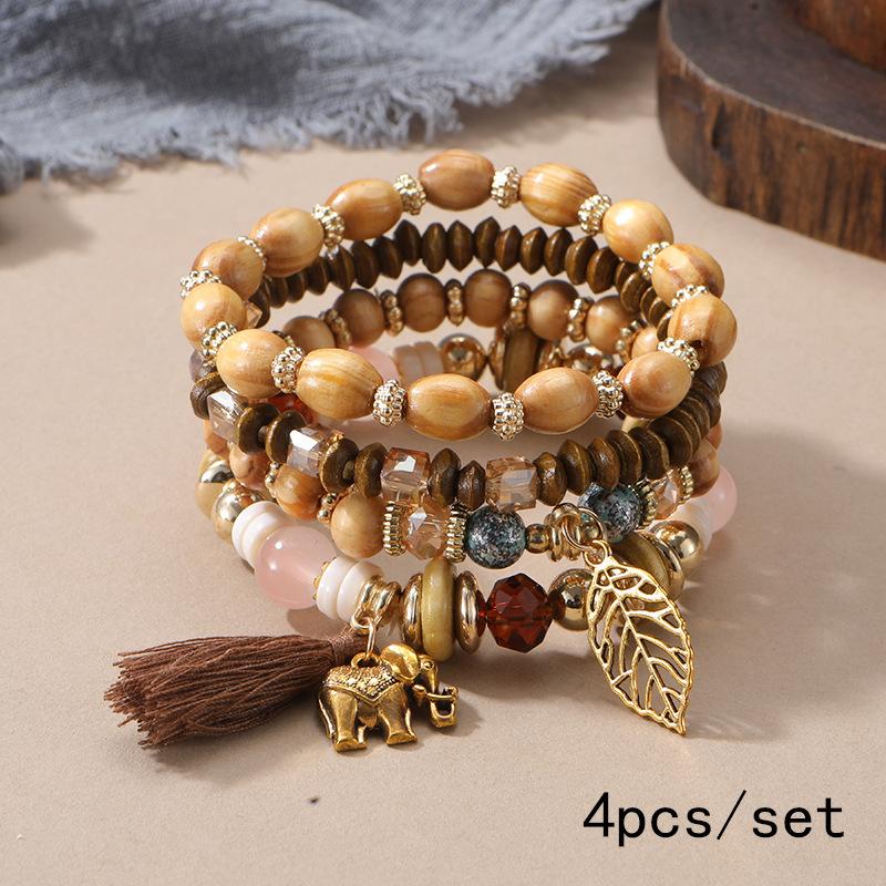 4pcs/set Boho Wooden Beaded Bracelet For Women Leaf Tassels Chain Bangle Bohemia Jewelry Accessory