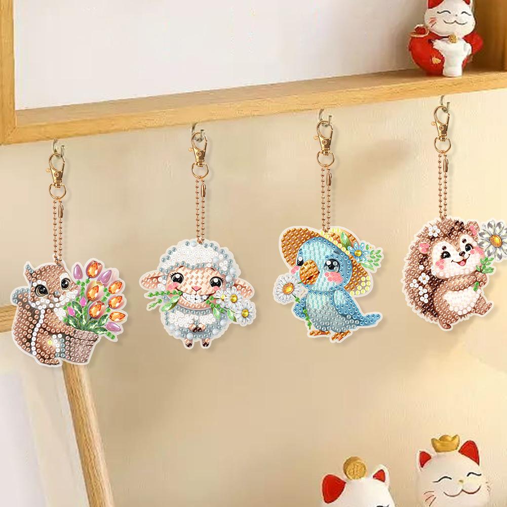 8Pcs Double Sided Spring Flower Animal Diamond Art Keyring Rhinestone Painting Keychain Pendant for Beginners Adults