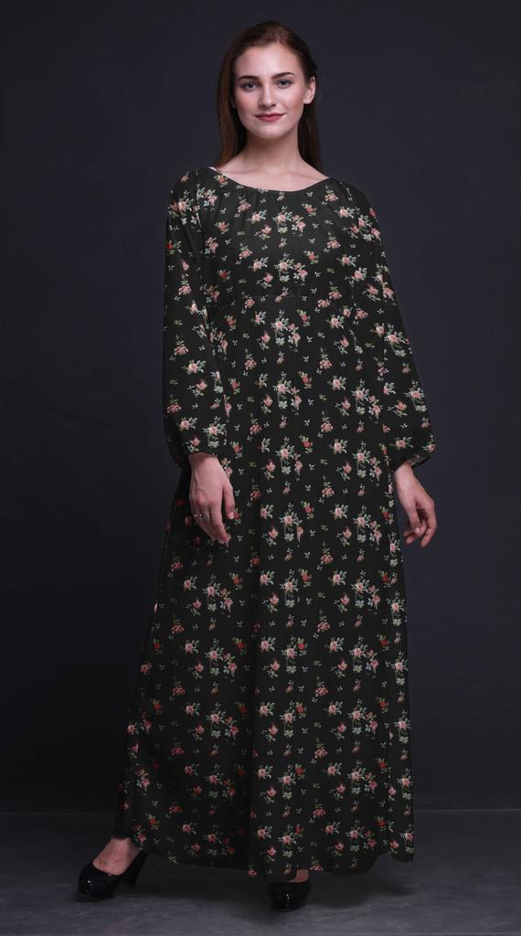 Bimba Moss Georgette Leaves|Madhabilata & Peony Floral Printed Womena s Long Sleeve Elastic Waist
