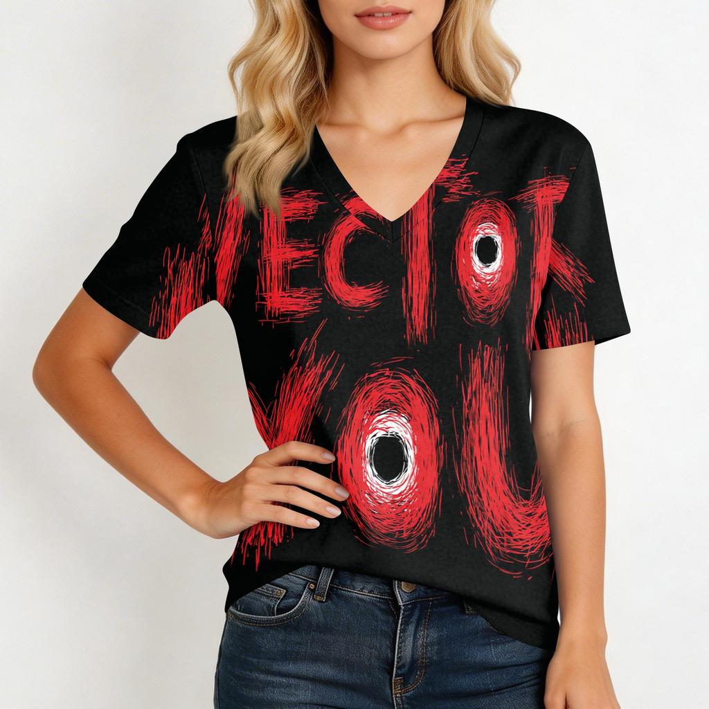 Women's Casual Short Sleeve V Neck Pullover Top Halloween Print Loose Fit Lightweight T Shirt for Everyday Wear