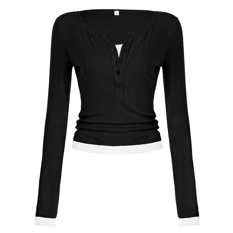 

Two-Piece Patchwork Color Block Long Sleeve Women s Autumn Slimming Top Large чорний