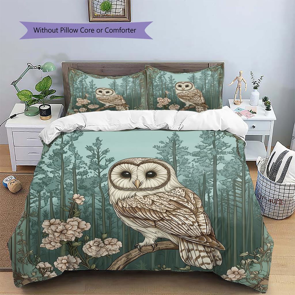 Eule auf Ast Muster Bettwäsche Quilt Set Heimdekoration Geschenk (1 Bettbezug + 2 Kissenbezüge, ohne Füllung)