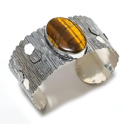 Natural Tiger Eye Gemstone Handmade Cuff 925 Sterling Silver Bangle Adj. A8t06