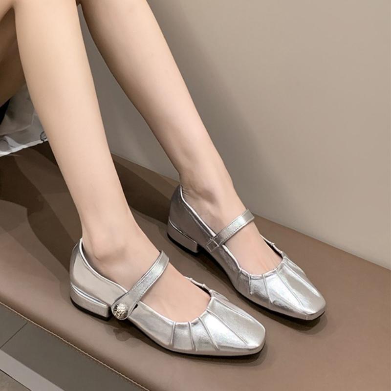 Mary Jane Shoes Glossy Leather Ballet Flats 2025 Fashion Pleated Low Heel Single Shoes for Women Soft Sole Casual Shoes