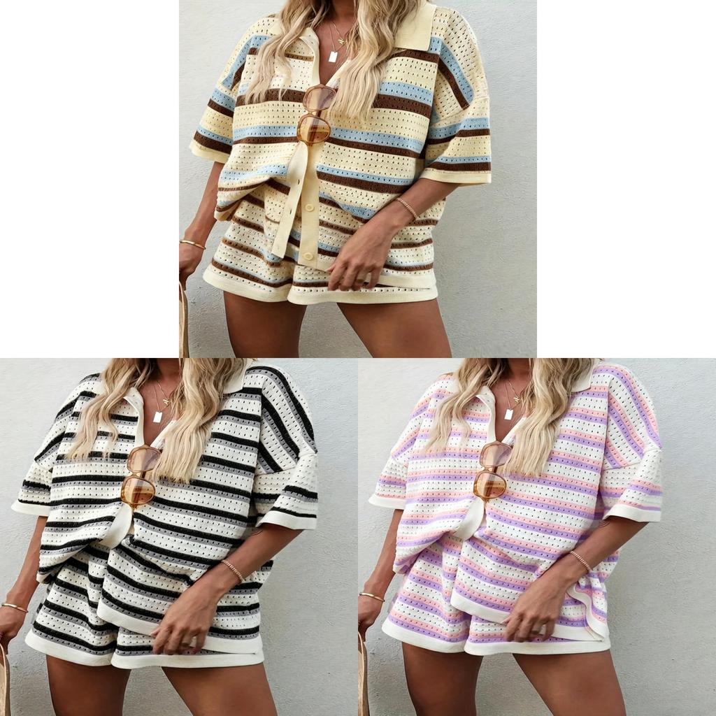 Completo in Maglia a Righe da Donna Streetwear con Motivo a Intreccio per Uso Casual Estivo