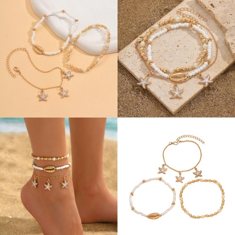 Bohemian Styles Shell Anklets Set with Starfish and Cowrie Charm Adjustable Beach Foot Jewelry for Women