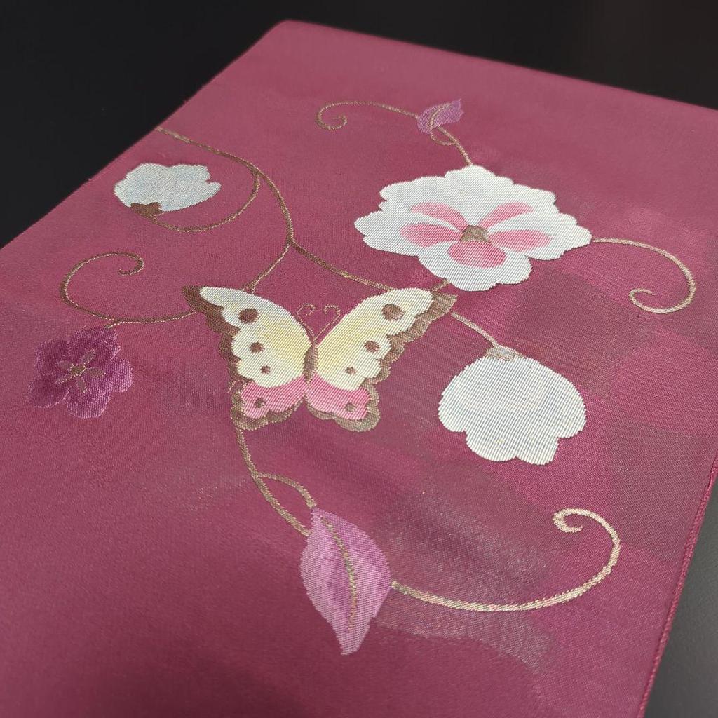 Used H-506 Nagoya Obi Nagoya Tailored Pure Silk Eight-inch Flower Arabesque Butterfly Pattern