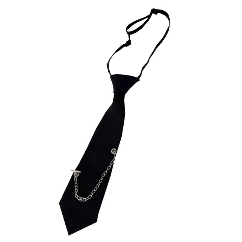 

Hiphop Punk Black Neck Tie with Metal Chain Japanese Vintage Pre Tied Necktie Neckwear for Women Men Student Uniform 1
