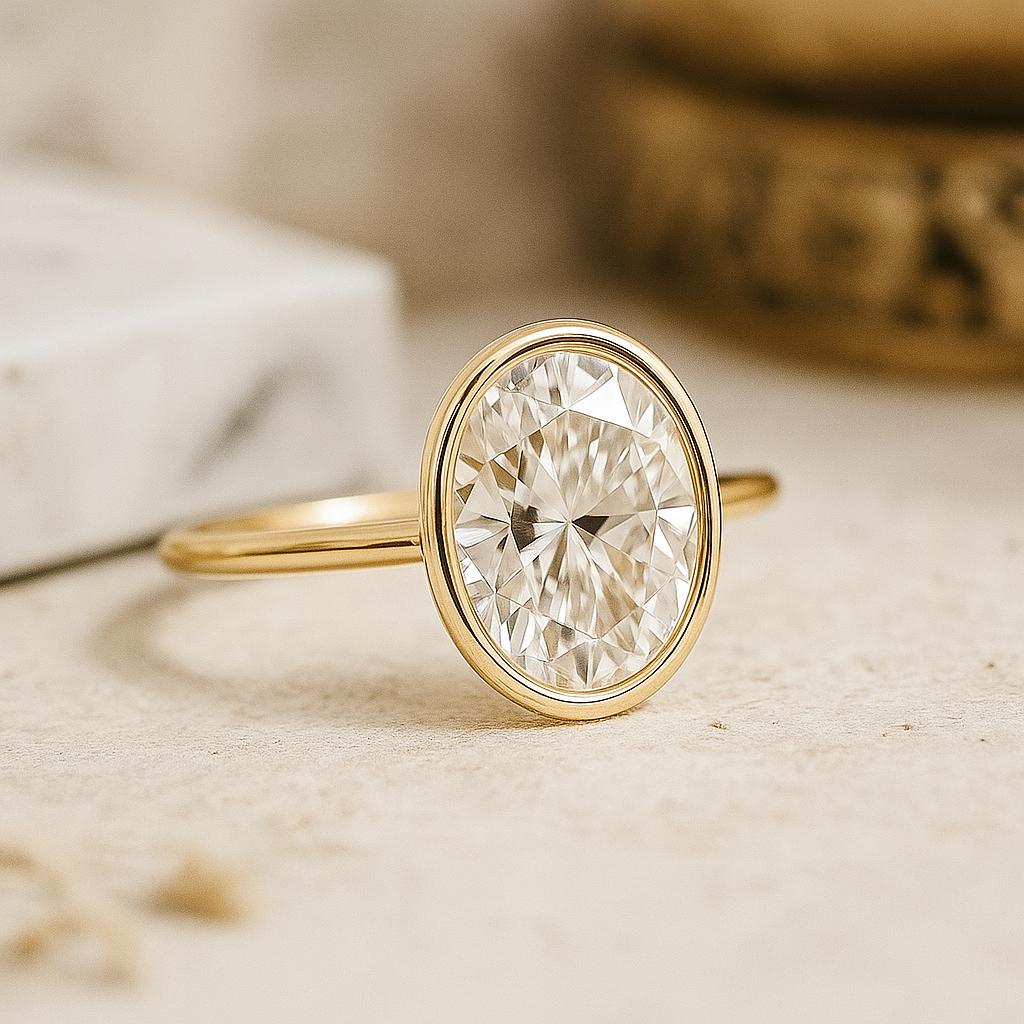 Oval Cut Solitaire Engagement Ring, Bezel Set Yellow Gold Plated Band, Minimalist Bridal Jewelry, Promise Ring for Her